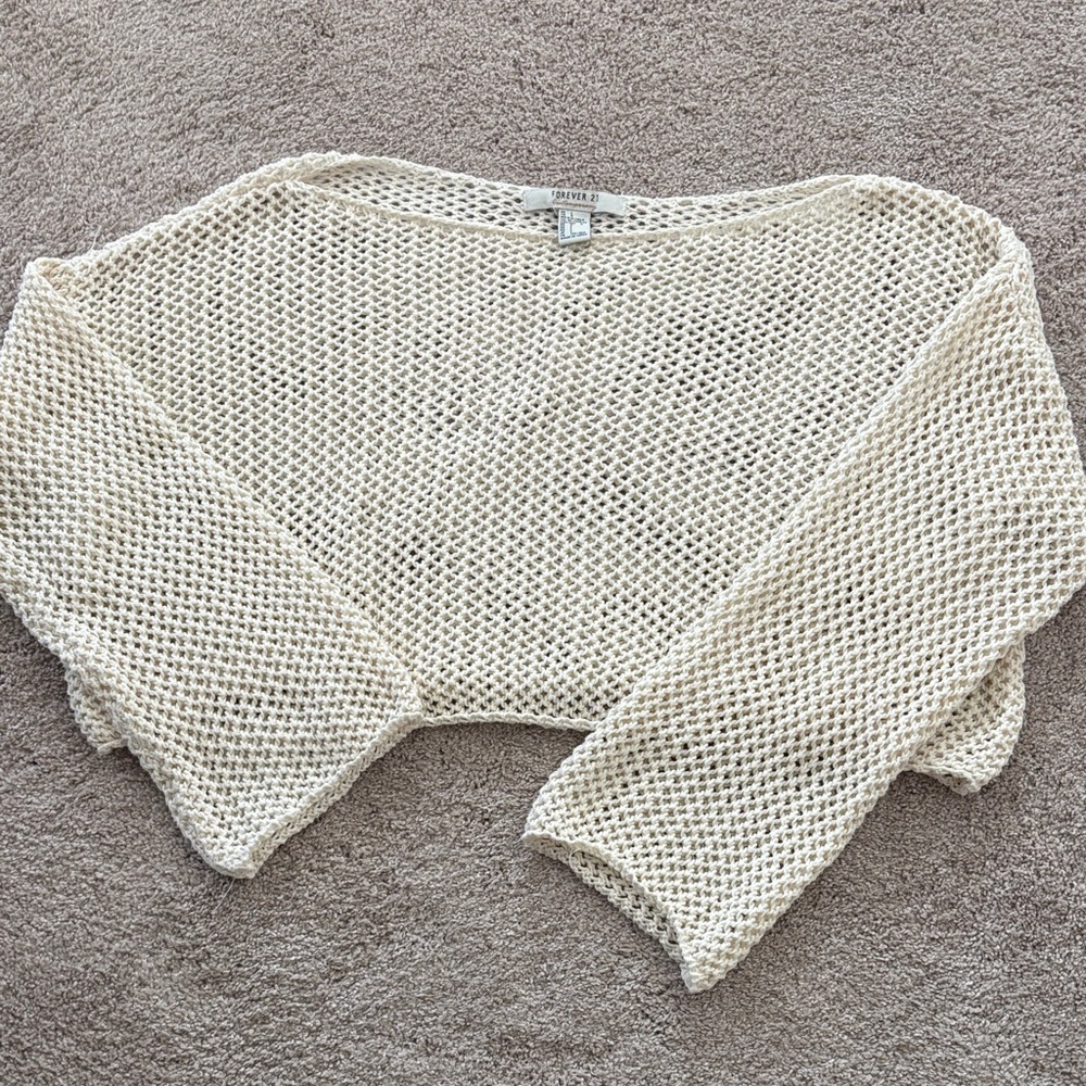 Crochet Open Weave 3/4 sleeve Crop Cream Sweater